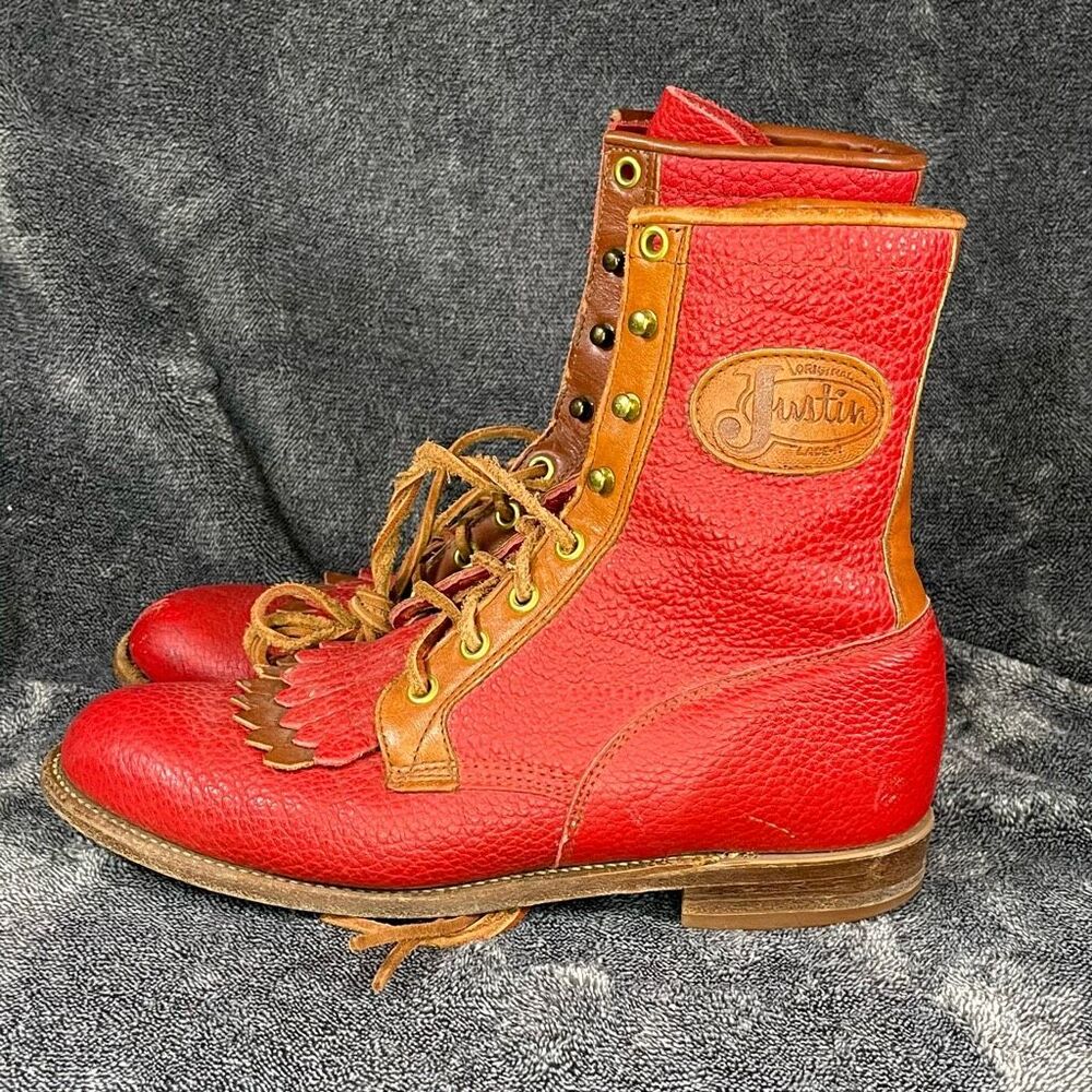 Justin USA Women’s Size 7 Red Pebble Leather Packer Lace-Up Granny Boots Vintage